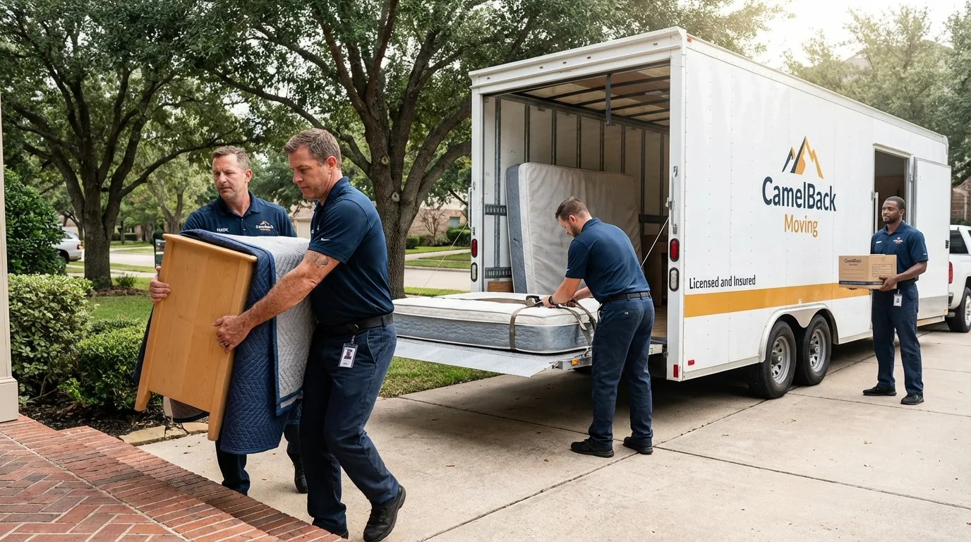 Crew loading residential truck for cross-state move from Marion, NY