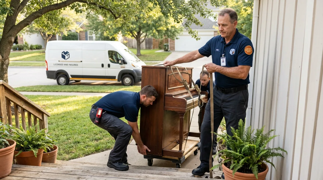 Licensed piano movers securing grand piano in Marion, NY