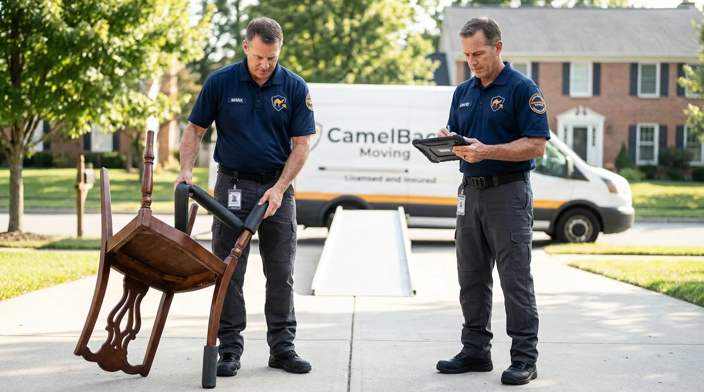 Movers inspecting furniture for damage prevention before loading in Marion, NY